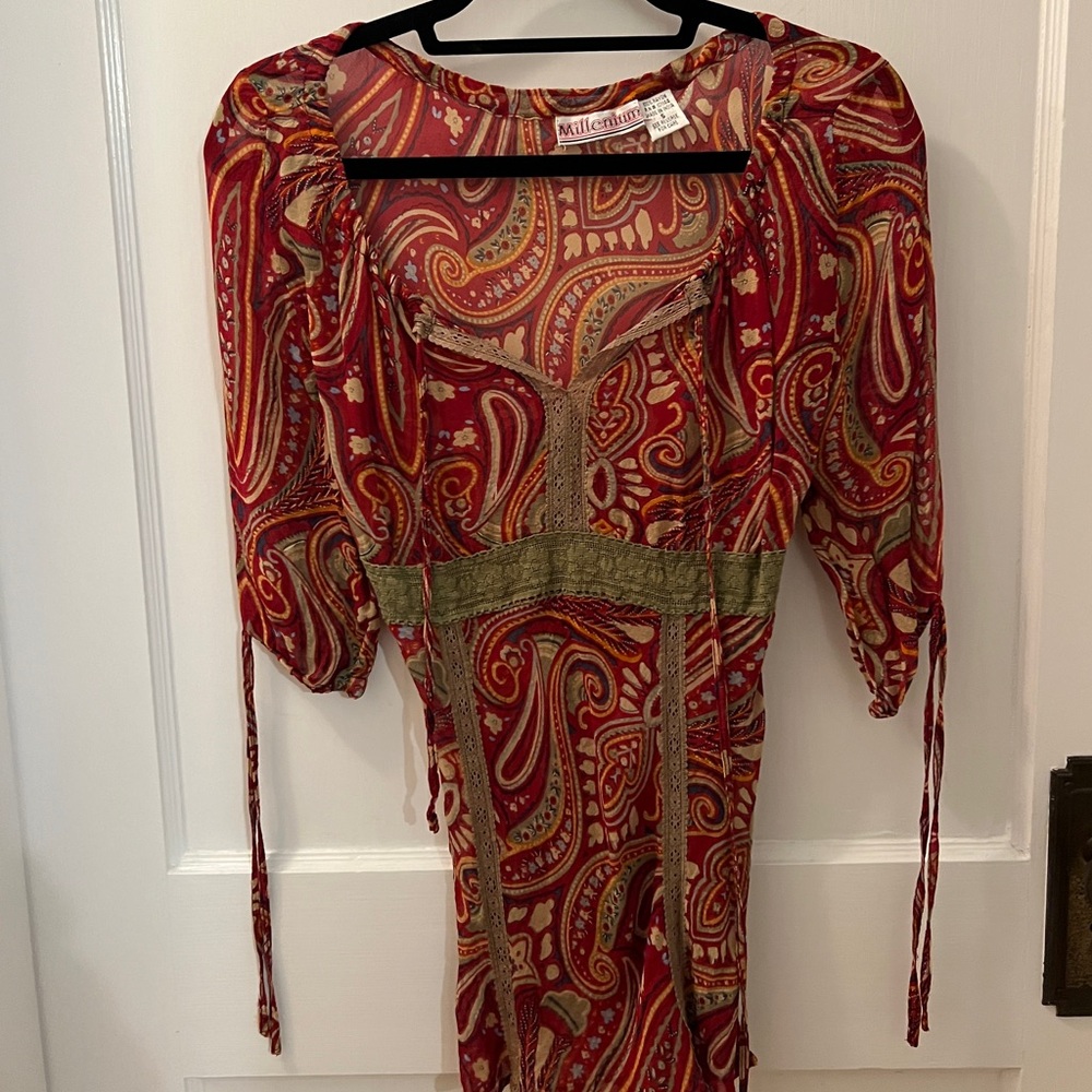 Vintage red green yellow patterned sheer top